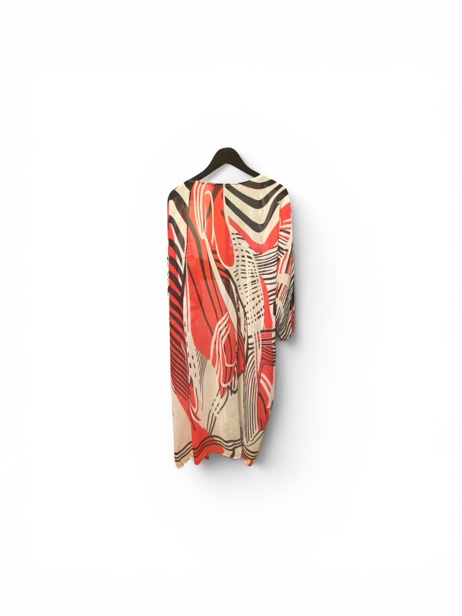 TE&A Treasures abstract print kimono duster cardigan in coral, black, and cream. Lightweight, flowing fabric with an open front.