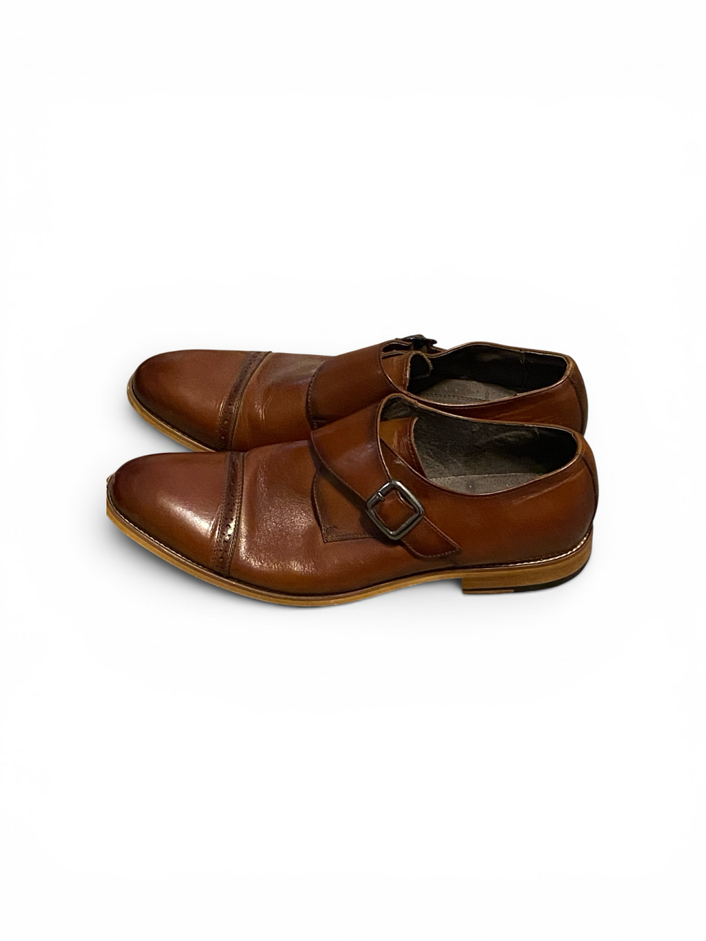 TE&A Treasures brown leather monk strap dress shoes with cap toe and silver buckle detail.