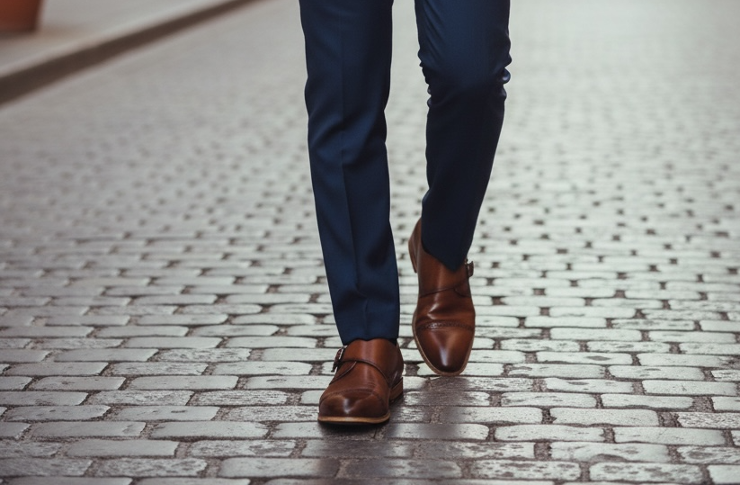 TE&A Treasures brown leather monk strap dress shoes with cap toe and brogue detailing worn by a man in a blue suit.