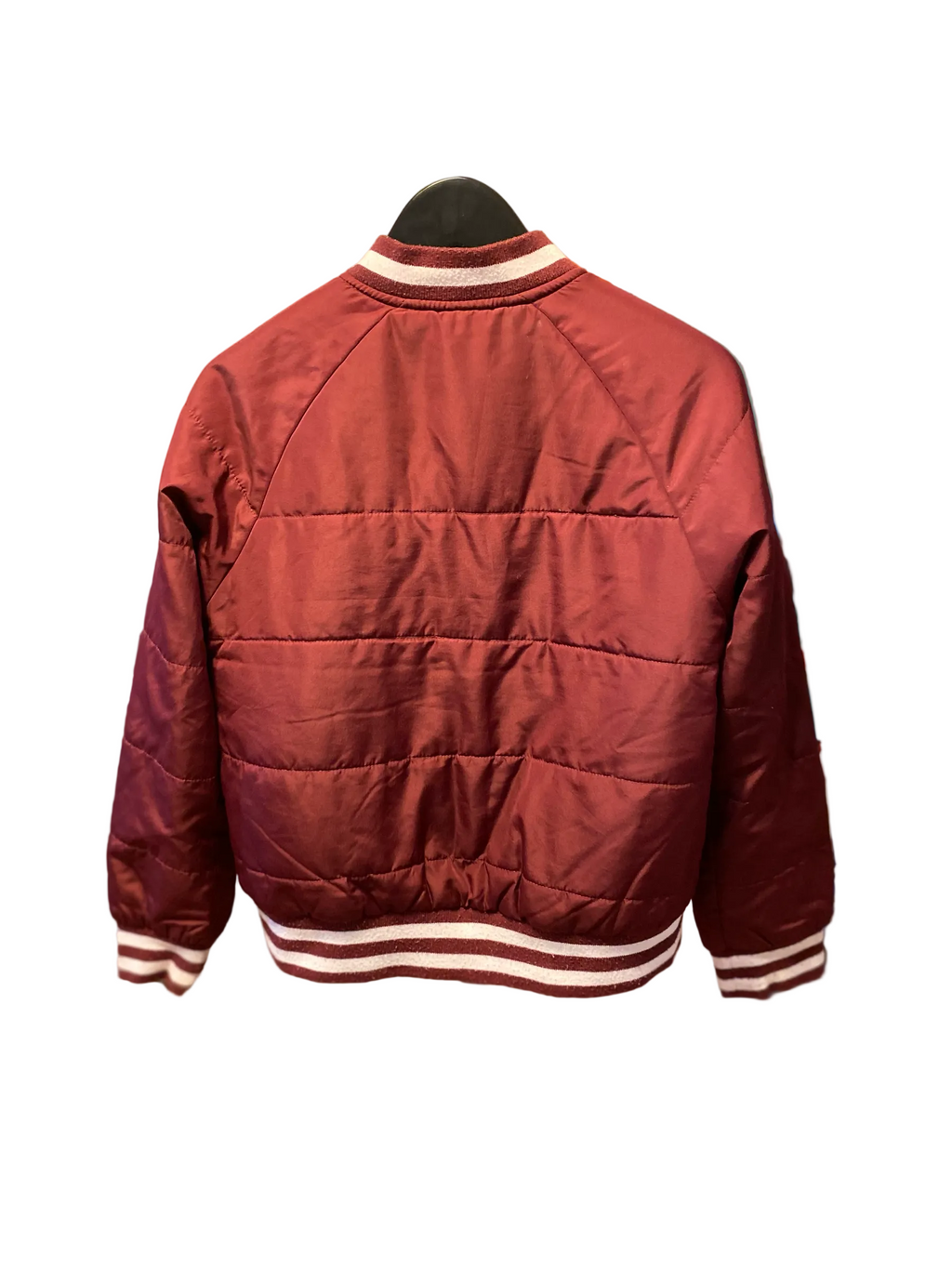 TE&A Treasures burgundy quilted bomber jacket with white striped ribbed cuffs and collar. Lightweight and stylish.