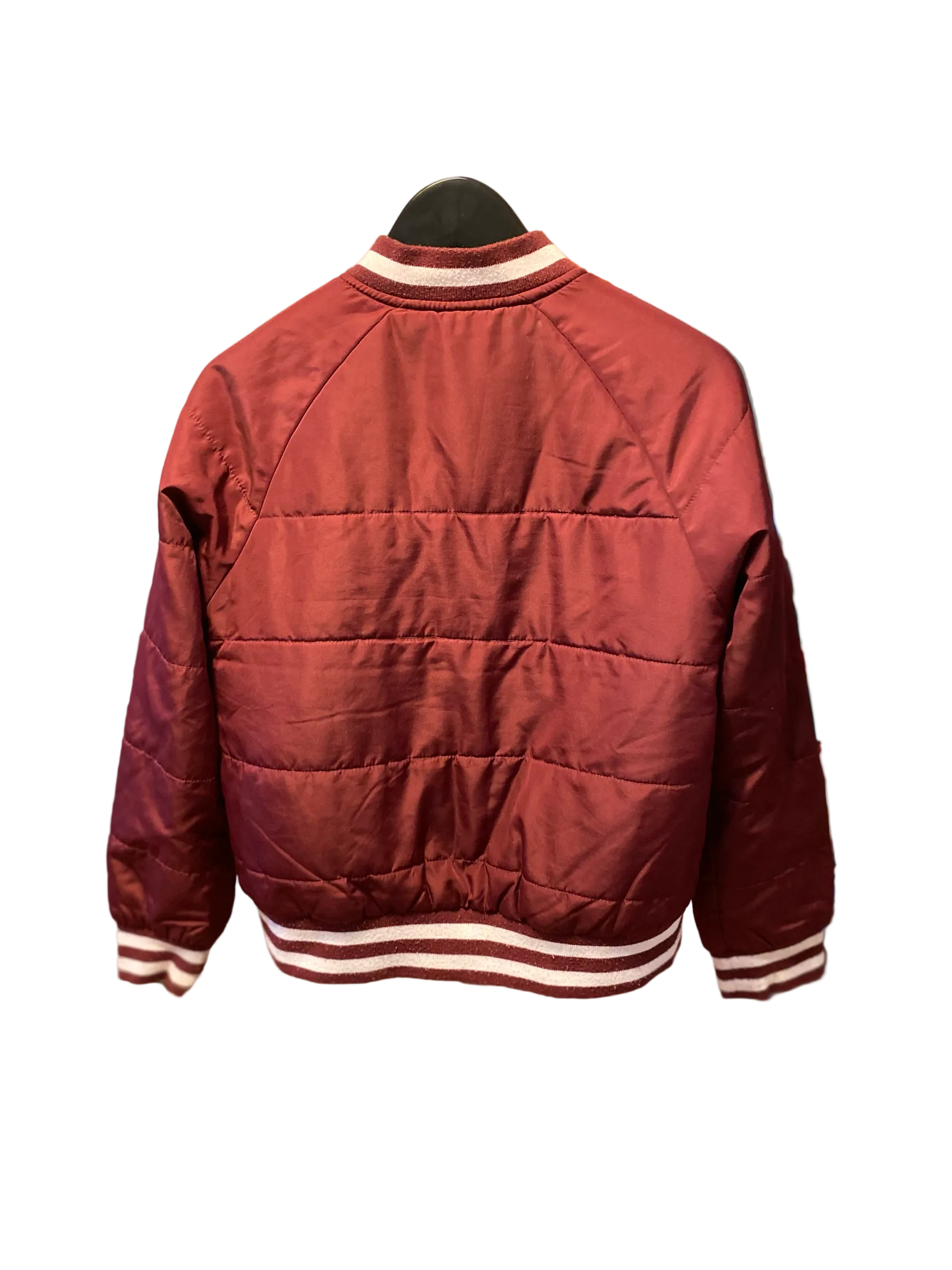 TE&A Treasures burgundy quilted bomber jacket with white striped ribbed cuffs and collar. Lightweight and stylish.