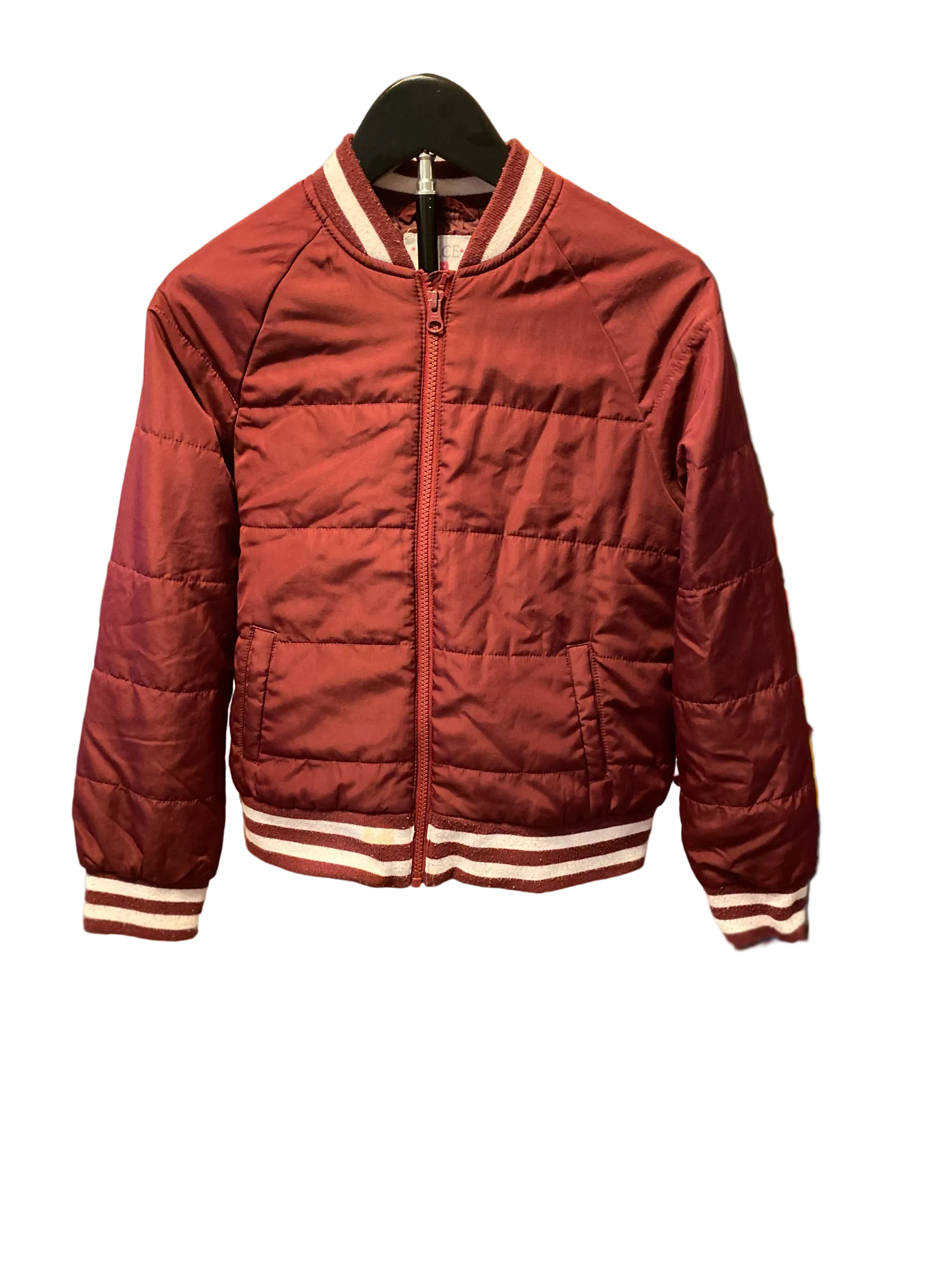 TE&A Treasures burgundy quilted bomber jacket with white striped ribbed collar, cuffs, and hem. Full zip front.