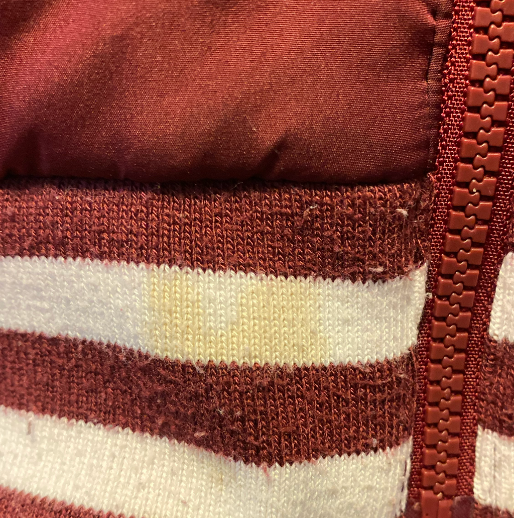 TE&A Treasures burgundy quilted bomber jacket with white striped ribbed cuffs and hem, full zip.