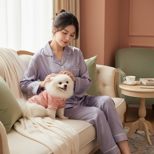 Woman and her small dog enjoying a cozy morning in matching satin pajamas