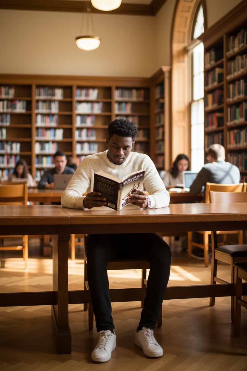 Young Black Man Reading in Library